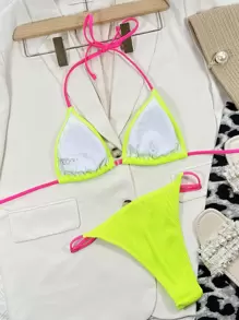 BamGleam Summer Beach Neon Lime Ribbed Halter Triangle Bra Top & Thong 2 Pieces Bikini Bathing Suit - Lime Green - View 4