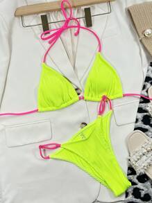 BamGleam Summer Beach Neon Lime Ribbed Halter Triangle Bra Top & Thong 2 Pieces Bikini Bathing Suit - Lime Green - View 5