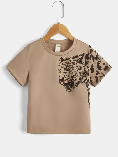 SHEIN Young Boy Leopard Print Crew Neck Short Sleeve T-Shirt, Casual Everyday Wear, Suitable For Summer