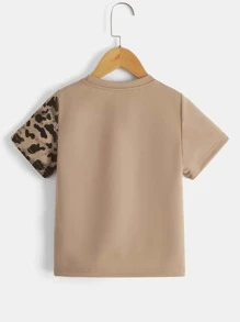 SHEIN Young Boy Leopard Print Crew Neck Short Sleeve T-Shirt, Casual Everyday Wear, Suitable For Summer