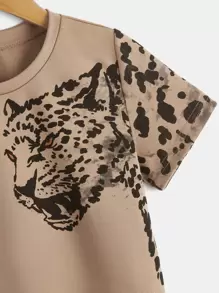 SHEIN Young Boy Leopard Print Crew Neck Short Sleeve T-Shirt, Casual Everyday Wear, Suitable For Summer