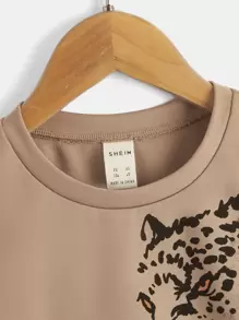 SHEIN Young Boy Leopard Print Crew Neck Short Sleeve T-Shirt, Casual Everyday Wear, Suitable For Summer
