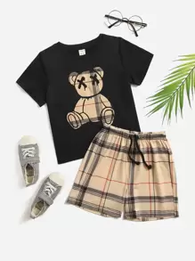 SHEIN Leap Crew Young Boy Cartoon Graphic Tee & Plaid Drawstring Shorts - Multicolor - View 1