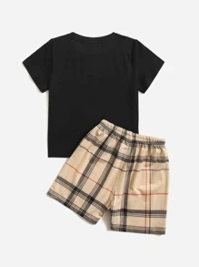 SHEIN Leap Crew Young Boy Cartoon Graphic Tee & Plaid Drawstring Shorts - Multicolor - View 2