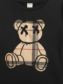 SHEIN Leap Crew Young Boy Cartoon Graphic Tee & Plaid Drawstring Shorts - Multicolor - View 3