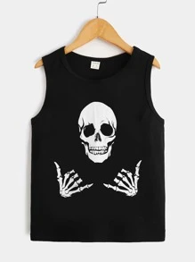 SHEIN Tween Boy Summer Casual Knitted Skull Pattern Tank Top - Black - View 1