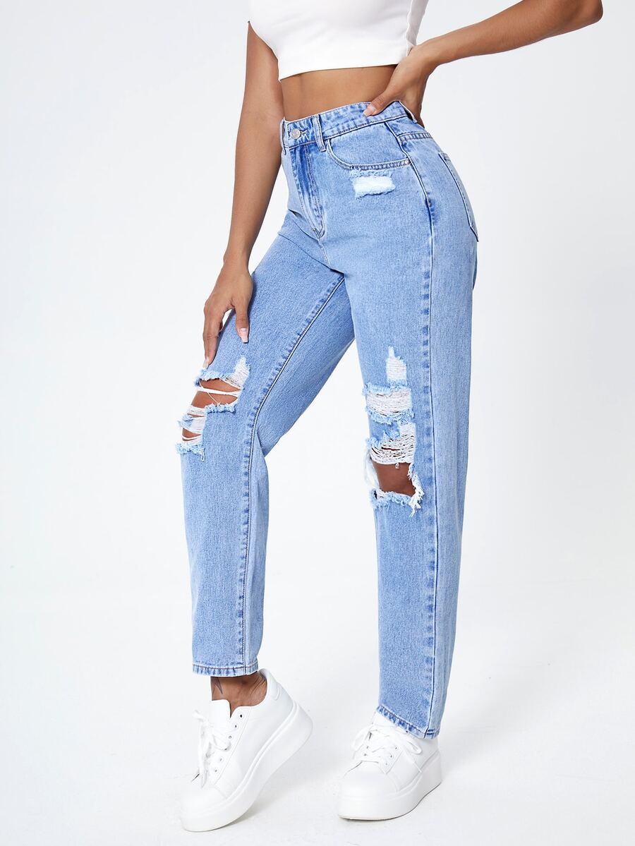 SHEIN EZwear High Waist Ripped Cut Out Mom Fit Jeans - Light Wash - View 1