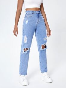 SHEIN EZwear High Waist Ripped Cut Out Mom Fit Jeans - Light Wash - View 4
