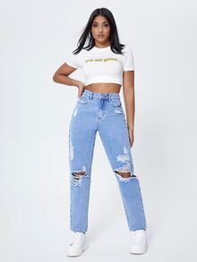 SHEIN EZwear High Waist Ripped Cut Out Mom Fit Jeans - Light Wash - View 5