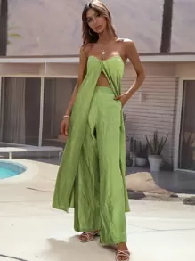 Breezaya Split Hem Longline Tube Top & Trousers - Green - View 4