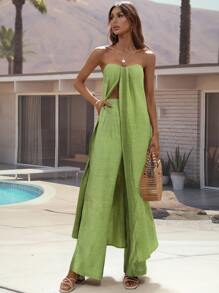 Breezaya Split Hem Longline Tube Top & Trousers - Green - View 6