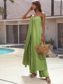 Breezaya Split Hem Longline Tube Top & Trousers - Green - View 7