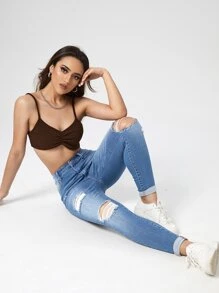 SHEIN Essnce 破洞卷邊緊身牛仔褲 - 淺色水洗藍 - 查看 2