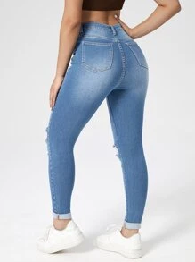 SHEIN Essnce 破洞卷邊緊身牛仔褲 - 淺色水洗藍 - 查看 5