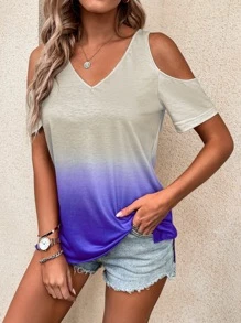 Camiseta de ombré de hombros descubiertos bajo con abertura - Azul y blanco - Ver 5