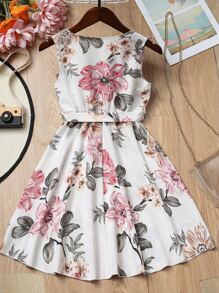 SHEIN Girls Floral Print Ruffle Trim Belted Dress - Multicolor - View 2