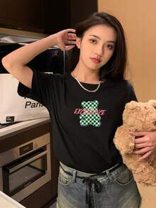 Letter & Bear Pattern Tee - Black - View 1