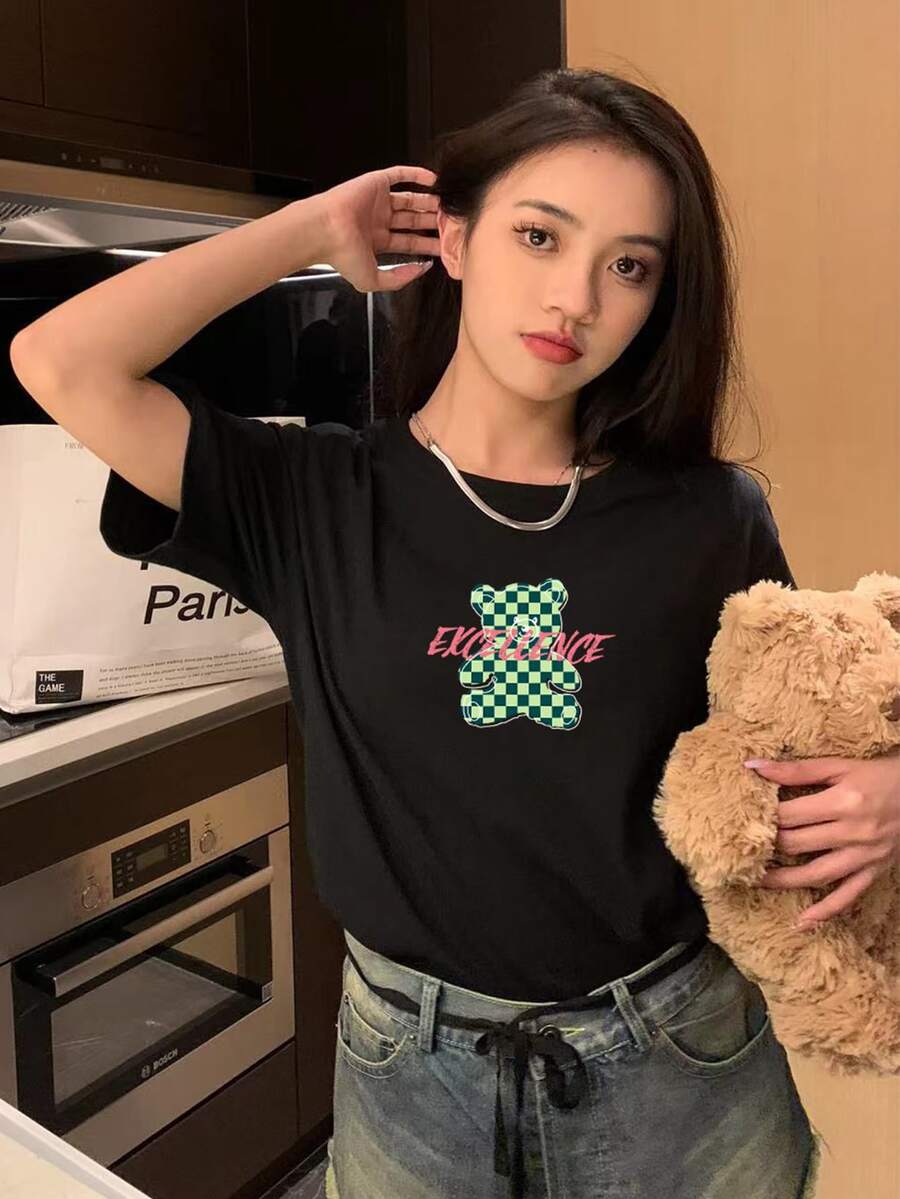 Letter & Bear Pattern Tee - Black - View 1