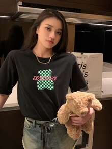 Letter & Bear Pattern Tee - Black - View 4