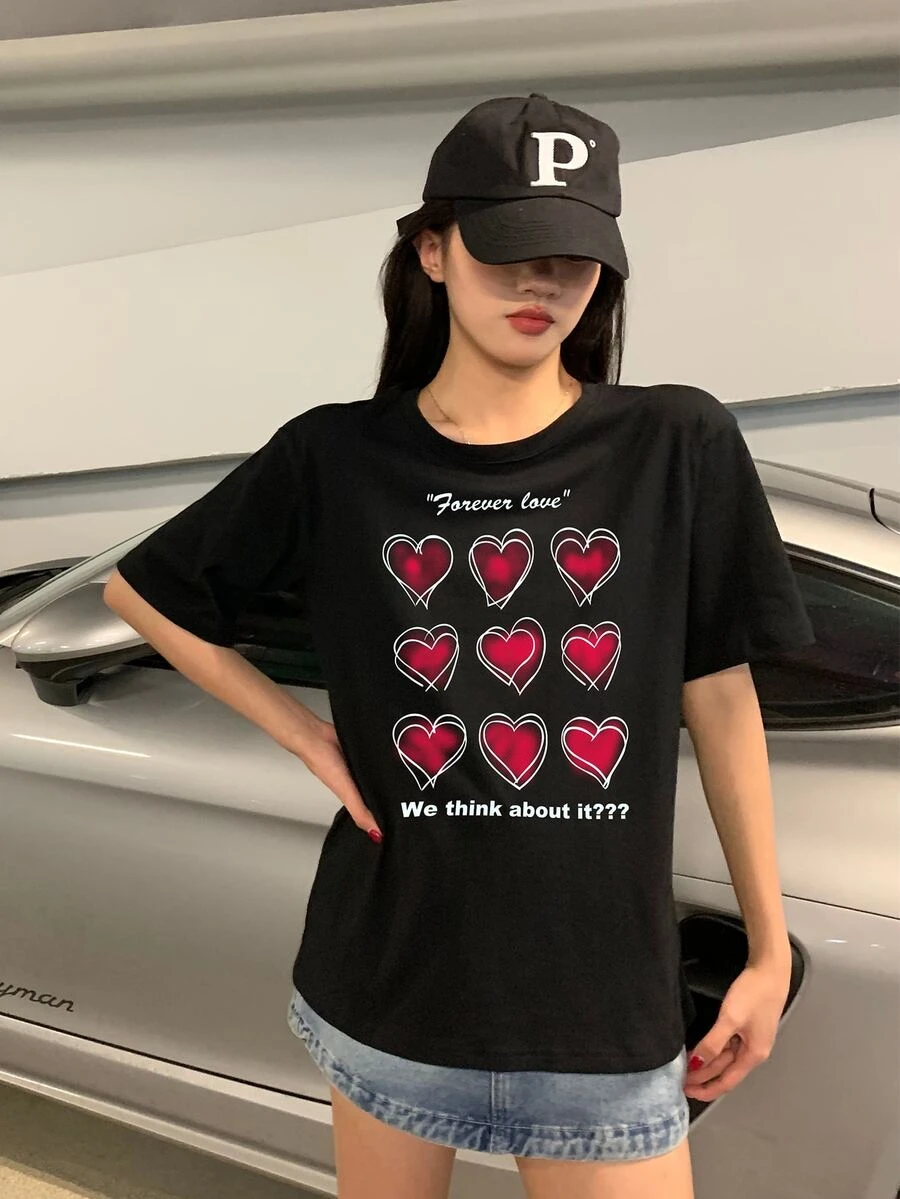 Heart & Slogan Graphic Tee - Black - View 1