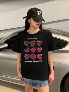 Heart & Slogan Graphic Tee - Black - View 4