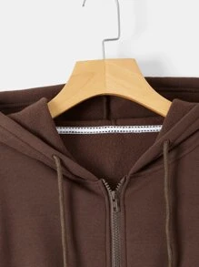 INAWLY 拉链抽绳保暖连帽衫，长袖上衣 - 咖啡棕 - 查看 4