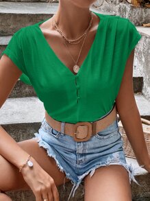 SHEIN Frenchy Half Button Plicated Batwing Sleeve Tee - Green - View 1