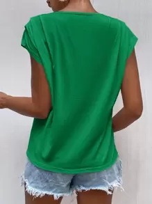 SHEIN Frenchy Half Button Plicated Batwing Sleeve Tee - Green - View 2