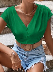 SHEIN Frenchy Half Button Plicated Batwing Sleeve Tee - Green - View 3