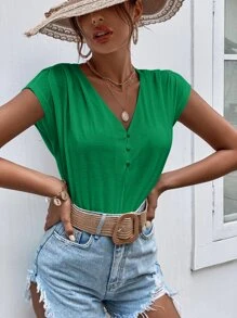 SHEIN Frenchy Half Button Plicated Batwing Sleeve Tee - Green - View 4