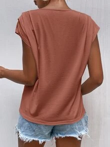 SHEIN Frenchy Half Button Plicated Batwing Sleeve Tee - Dusty Pink - View 2