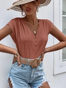 SHEIN Frenchy Half Button Plicated Batwing Sleeve Tee - Dusty Pink - View 4