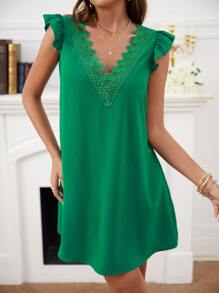 SHEIN Frenchy Guipure Lace Panel Butterfly Sleeve Tunic Dress Summer Elegant Green Green Christmas - Green - View 4