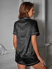 SHEIN Leopard Jacquard Contrast Piping Satin Blouse & Shorts PJ Set / Pajama Set Black Two Pieces Set Black 2 Pieces Set - Black - View 3
