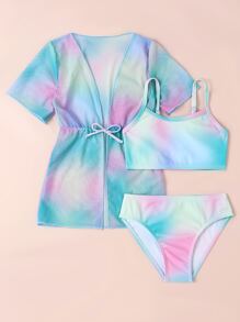 Young Girl 3packs Random Floral Print Bikini Set With Kimono Summer Beach - Multicolor - View 3