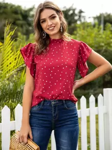 SHEIN LUNE Heart Confetti Mock Neck Keyhole Back Blouse - Red - View 1