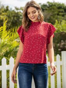 SHEIN LUNE Heart Confetti Mock Neck Keyhole Back Blouse - Red - View 3