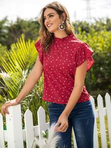 SHEIN LUNE Heart Confetti Mock Neck Keyhole Back Blouse - Red - View 4
