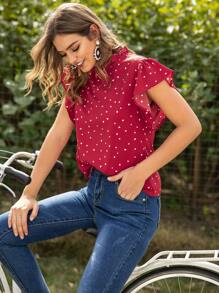 SHEIN LUNE Heart Confetti Mock Neck Keyhole Back Blouse - Red - View 5