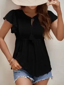 SHEIN Frenchy Boho Eenkleurig Blouse Rand Rimpeling Engels borduurwerk