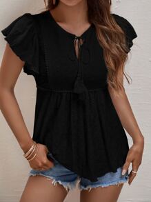 SHEIN Frenchy Boho Eenkleurig Blouse Rand Rimpeling Engels borduurwerk