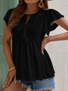 SHEIN Frenchy Boho Eenkleurig Blouse Rand Rimpeling Engels borduurwerk