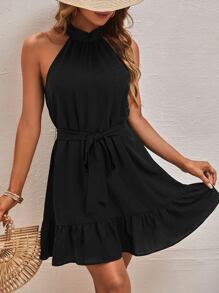 SHEIN Frenchy Vestido halter de espalda con abertura de ojo bajo con fruncido con cinturón - Negro - Ver 2