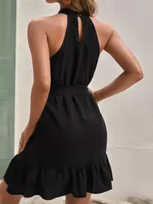 SHEIN Frenchy Vestido halter de espalda con abertura de ojo bajo con fruncido con cinturón - Negro - Ver 5