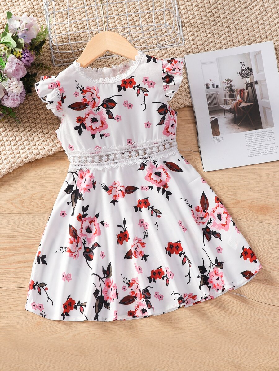 SHEIN Toddler Girls Floral Print Guipure Lace Panel Ruffle Sleeve Dress - White - View 1