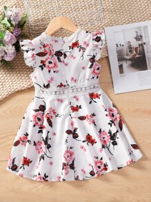 SHEIN Toddler Girls Floral Print Guipure Lace Panel Ruffle Sleeve Dress - White - View 2