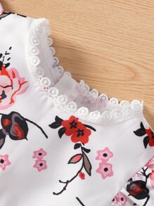 SHEIN Toddler Girls Floral Print Guipure Lace Panel Ruffle Sleeve Dress - White - View 3