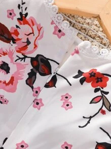 SHEIN Toddler Girls Floral Print Guipure Lace Panel Ruffle Sleeve Dress - White - View 5
