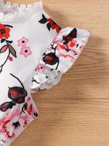 SHEIN Toddler Girls Floral Print Guipure Lace Panel Ruffle Sleeve Dress - White - View 6
