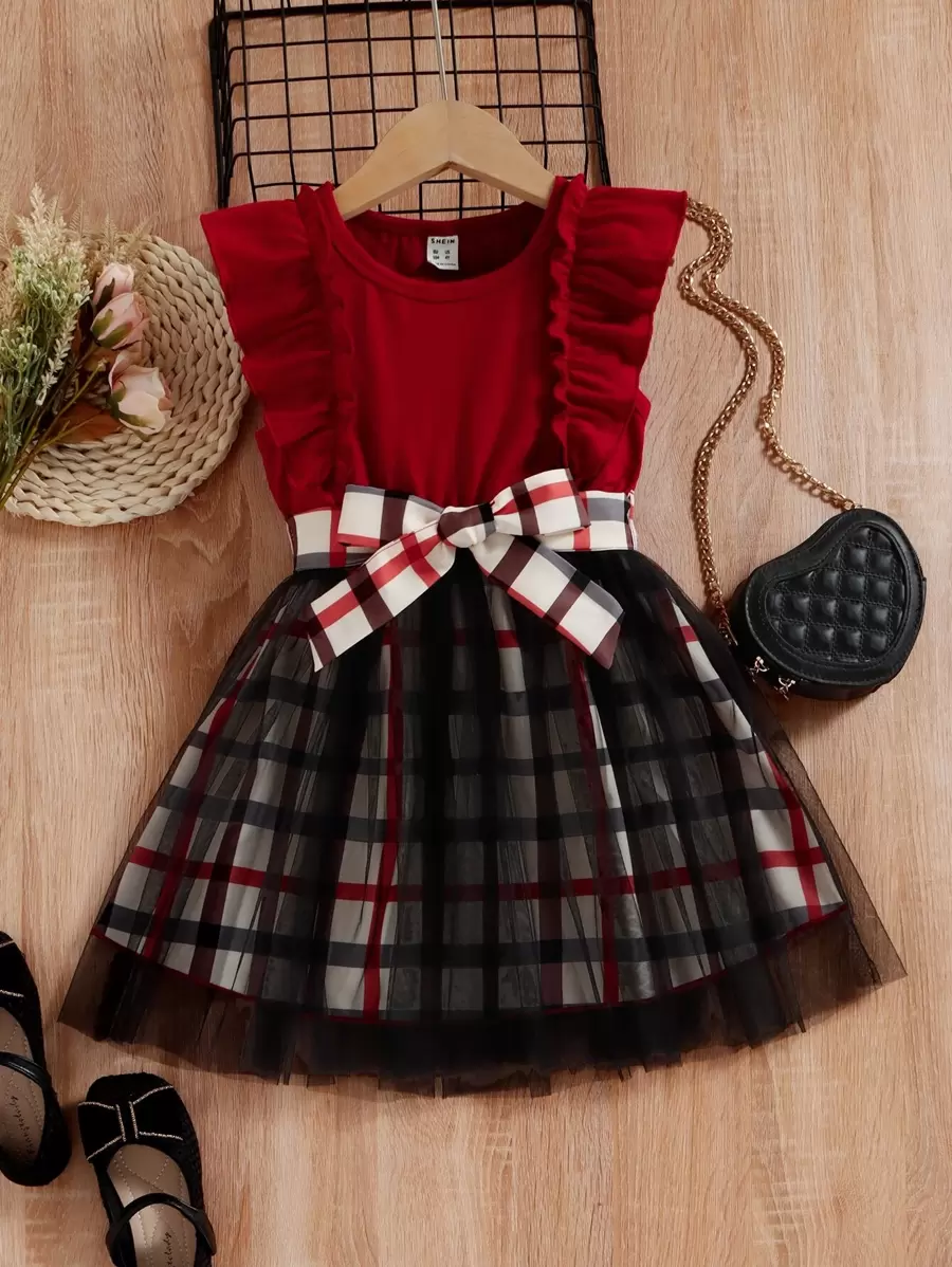 SHEIN Toddler Girls Plaid Ruffle Trim Mesh Overlay Belted Dress - Multicolor - View 1
